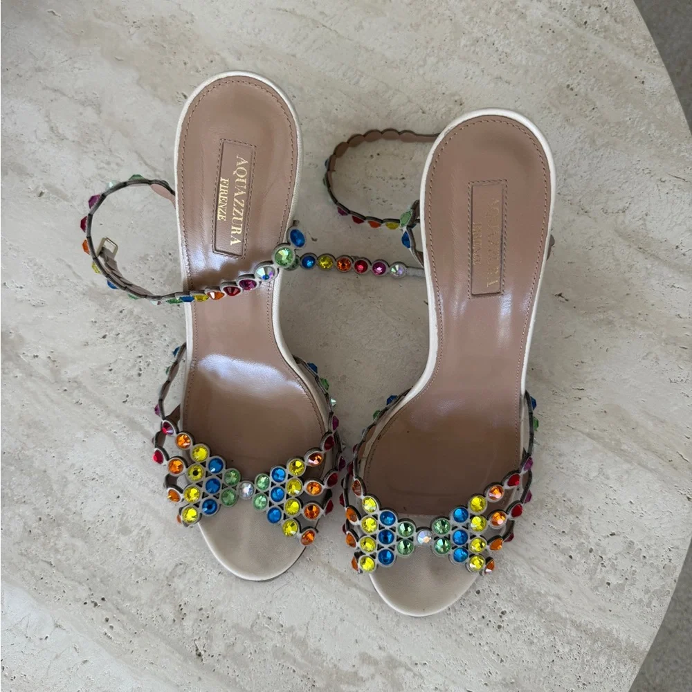 AQUAZZURA Tequila Crystal Embellished Sandals Rainbow 38 - Picture 2 of 6